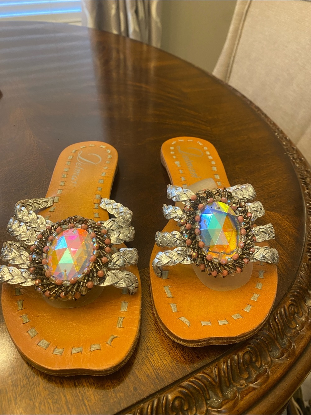 Delman Silver Braided Slide Sandals with Iridescent Gem and Tan Footbed